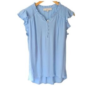Ann Taylor LOFT Women’s Petite Ruffle Button Mixed Media Top PM Petite Medium